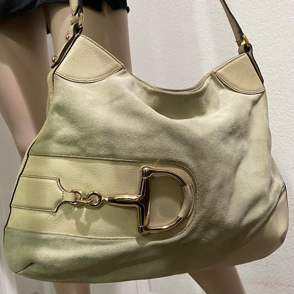 Vintage Authentic GUCCI Hasler Horsebit Suede Pale Green/Beige Large Hobo Bag - Picture 3 of 16